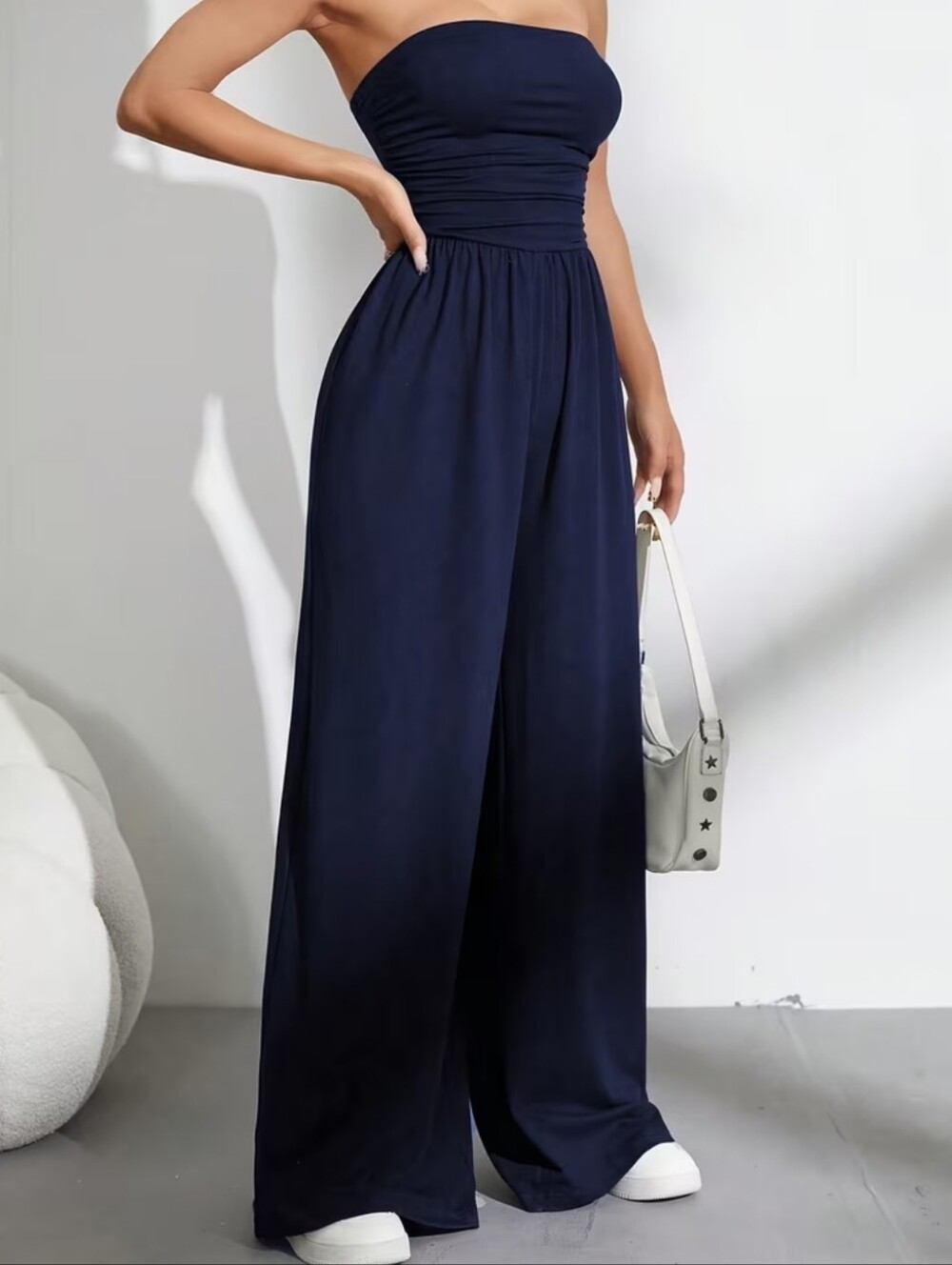 Navy Blue Strapless Wide-Leg Jumpsuit